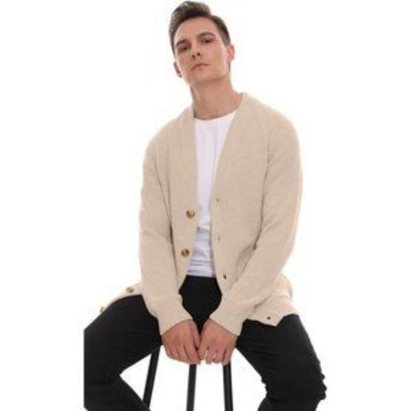 New Men's Cardigan Sweater Soft Cable Knit Beige - Picture 6 of 8